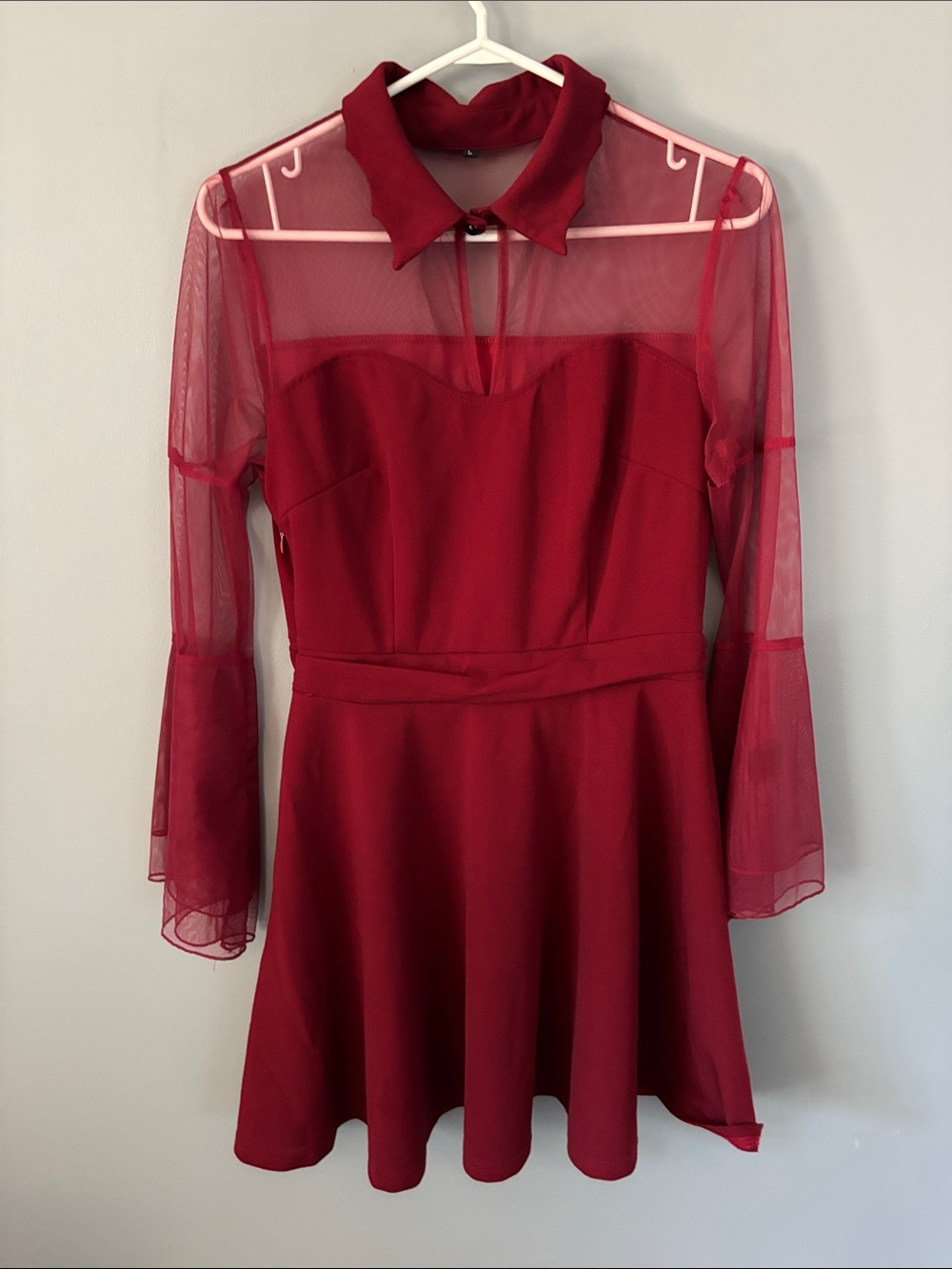 Source Unknown Red Sheer-Sleeve Fit & Flare Dress